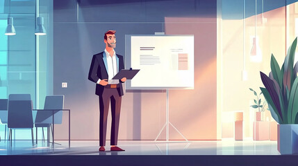 The confident businessman delivers a presentation in a modern office setting.
