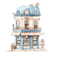 Watercolor illustration of charming parisian patisserie shop facade on transparent background