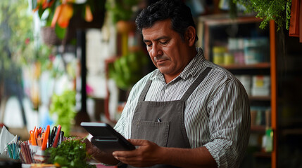 The Latin customer uses his bank's e-app to monitor spending and make transactions in real time.