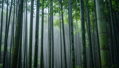 Fototapeta premium Close-up Vertical Shot of a Lush Bamboo Forest During Light Monsoon Rain. Crystal Droplets on Vibrant Green Stalks and Leaves, Serene Asian Nature Landscape