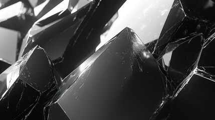 Abstract close-up view of shattered, multifaceted, dark gray crystalline structures, with fractured edges and reflective surfaces