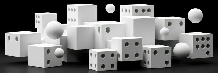 Geometric Composition with White Cubes and Spheres on Black