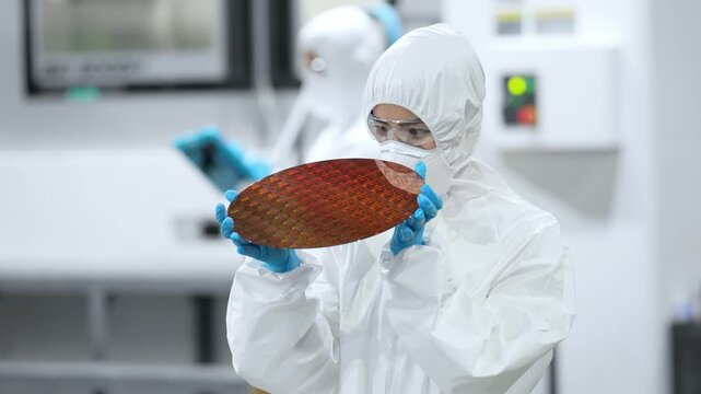 A female worker in protective clothing inspects silicon wafers in a semiconductor factory