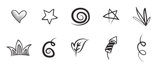 Abstract arrows, ribbons, crowns, hearts, explosions and other elements in hand drawn style for concept design. Doodle illustration. Vector template for decoration Pro Vector, vector illustration