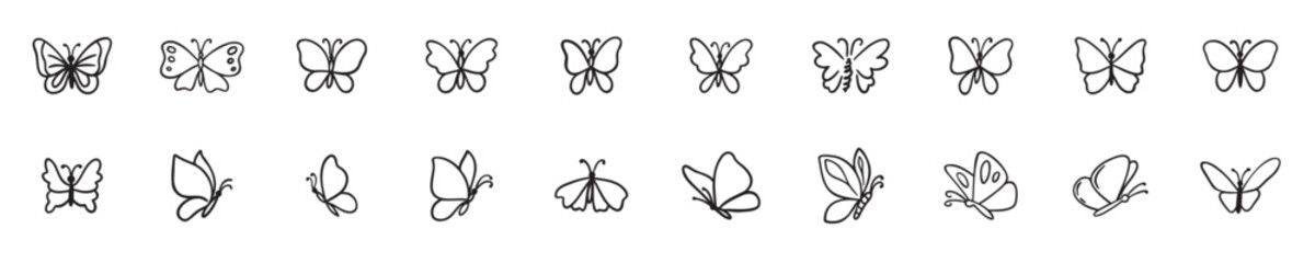 Butterfly Vector Doodle Set, Butterfly doodle hand drawn icon set outline drawing butterfly line clipart. vector illustration