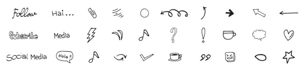  Decorative sketch elements for notes, infographics, presentations, Hand drawn marker brush vector set of  doodles, symbols, words, arrows, scribbles, shapes and symbols on white back, vector illustra