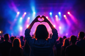 In a vibrant nighttime concert setting a close-knit crowd embraces connection and energy while a person creates a heart symbol with their hands reflecting and engagement