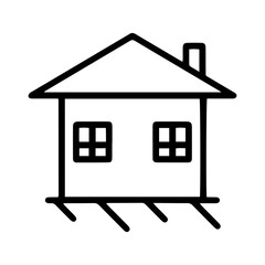 Outline style image depicts a simple, stylized house with a roof, chimney, two windows, and abstract lines denoting foundation or ground, symbolizing a home, property, or residential building