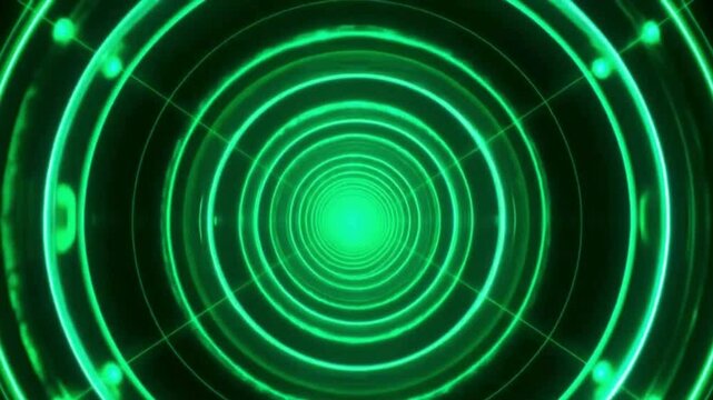 Bright green circular energy field radiating with concentric patterns in a futuristic scientific visualization