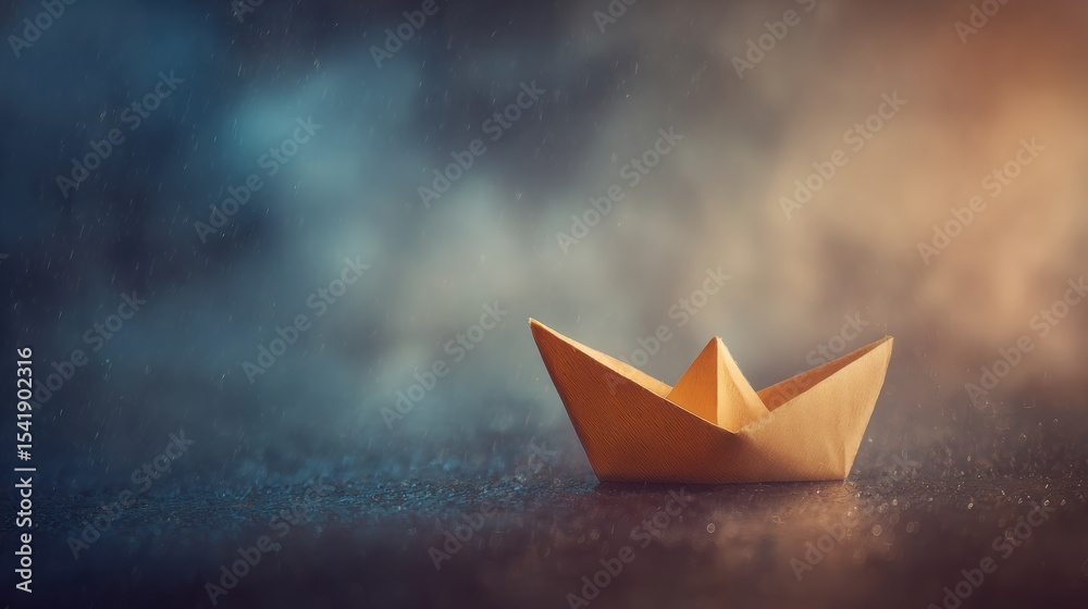 Poster Isolated Paper Boat Drifting on a Soft Stormy Gradient Background With Dynamic Colors and a Tranquil Atmosphere