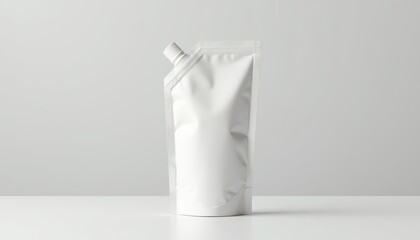 White stand-up pouch with spout cap on light background. Clean, minimalist packaging ideal for branding mockups in cosmetics, food, hygiene, or household product presentations.