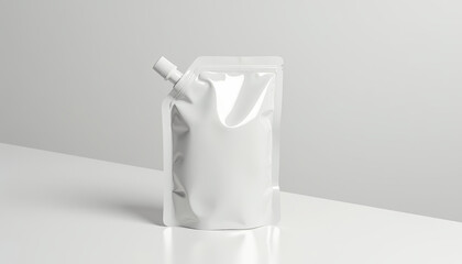 White stand-up pouch with spout cap on light background. Clean, minimalist packaging ideal for branding mockups in cosmetics, food, hygiene, or household product presentations.