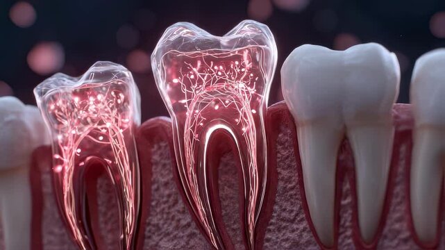 Glowing root canals illuminating transparent molar tooth interior, revealing intricate dental anatomy with surrounding teeth and periodontal structures during medical visualization