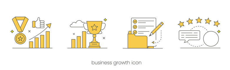 Business growth icons with charts and trophies in yellow and white