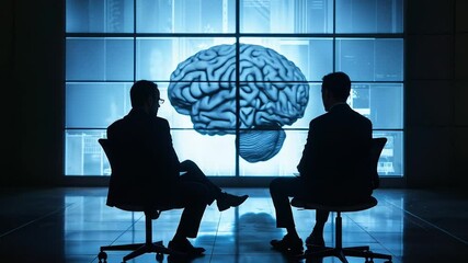 Two business professionals silhouetted against large illuminated brain graphic display discussing neuroscience, psychology or artificial intelligence concepts in modern office
