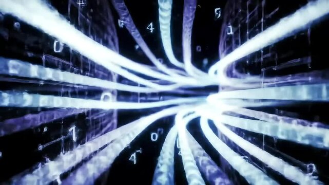 Abstract Light cables converge amidst binary code in a dark space