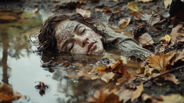 Chilling crime scene portrait in murky waters. Victim's face emerges, covered in evidence. Autumn leaves conceal dark secrets. Forensic grim discovery of a young woman in a harrowing tale.