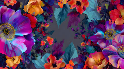 Contemporary floral border with abstract neon flowers and bold color contrasts