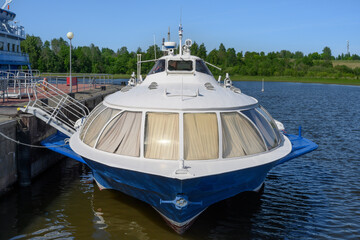 Hovercraft near the pier on Kizhi Island on Lake Onega