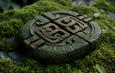 Ancient Stone Carving Covered in Moss