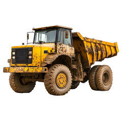 Obraz premium Mud covered yellow dump truck heavy machinery construction vehicle