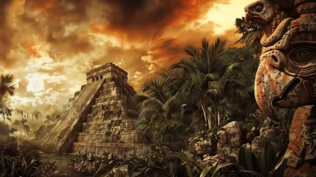 Ancient Mayan pyramid surrounded by lush jungle vegetation and statues of gods under dramatic stormy sky with mysterious archaeological atmosphere and tropical rainforest setting in the background