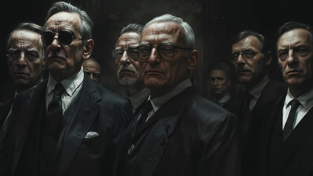 Stern elder statesmen in suits, grim expressions. Dark, moody atmosphere suggests power dynamics, authority and perversions. Collective portrait of influential leaders