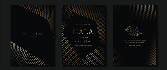 Obraz na płótnie Canvas Luxury wedding invitation card background vector. Golden elegant gold wavy lines on dark background. Premium design illustration for wedding and vip cover template, banner, poster.
