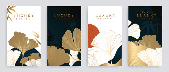 Fototapeta na wymiar Luxury ginkgo leaf hand drawn pattern cover design vector. Wallpaper with leaves design in gold line art. Illustration for social media post, internet, packaging, covers, and prints.
