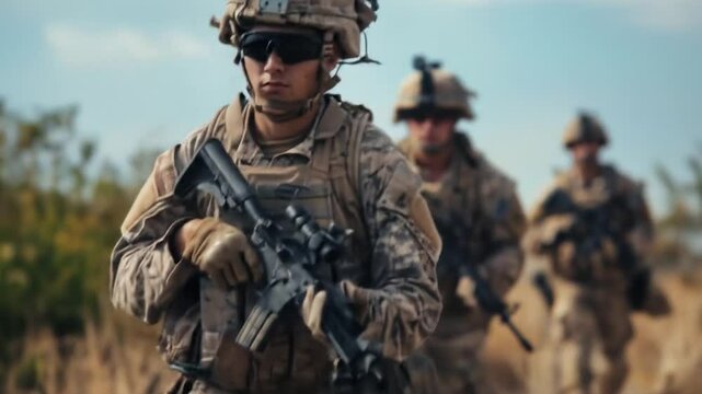 Armed soldiers in desert camouflage gear walking through sandy terrain during military operation with weapons and tactical equipment ready for combat