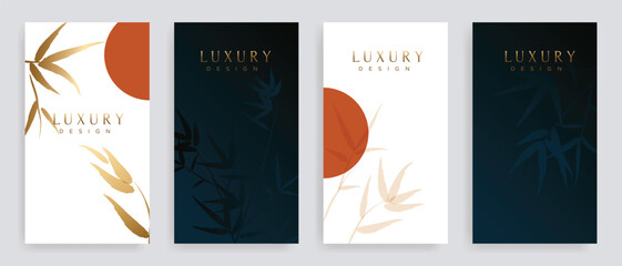 Fototapeta na wymiar Luxury bamboo leaf hand drawn pattern cover design vector. Wallpaper with leaves design in gold line art. Illustration for social media post, internet, packaging, covers, and prints.