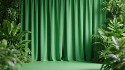 Green curtain stage surrounded by lush tropical plants