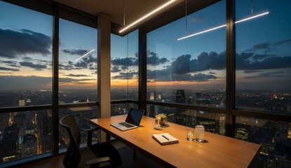 Fototapeta premium Modern office with a panoramic view of the city at sunset, featuring a desk setup and large windows.
