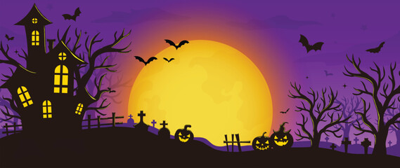 Happy Halloween background design vector. Wallpaper with spooky ghost, pumpkin, bat, moon, skull, grave, castle, tree. Illustration halloween festival for decoration, prints, website, promotion, ads.