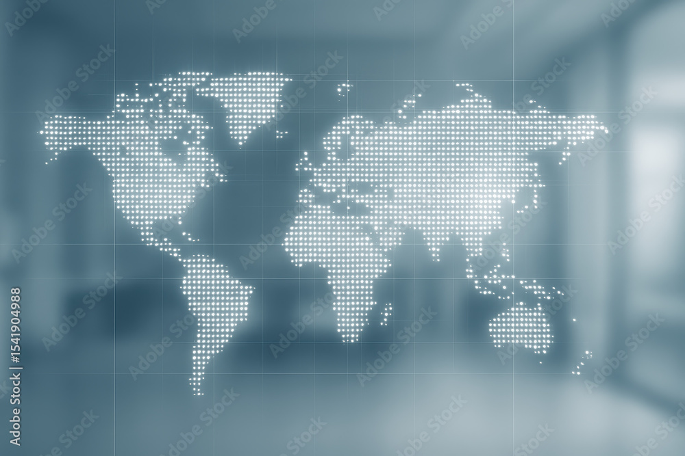 Poster global connectivity and data are represented by a glowing digital map formed with evenly spaced dots