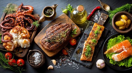 Fototapeta premium Gourmet Assortment of Seafood and Steak Dishes on Dark Background
