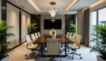Fototapeta premium Modern Conference Room with Wooden Table, Ergonomic Chairs, and Indoor Plants