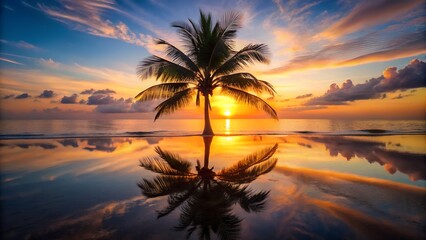 Symmetrical Palm Tree Silhouette at Sunset on Beach