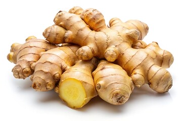 Fresh organic ginger root closeup photography on white background