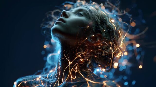 Medical visualization of a teenage girl recovering from trauma, featuring glowing, branching neural pathways illustrating the process of brain circuitry rewiring and healing