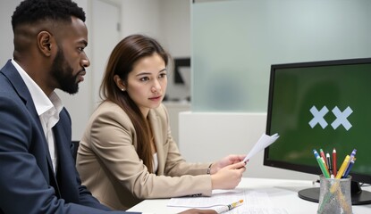 Two professionals discussing documents at a desk with a computer screen displaying error symbols