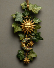 Gold Sun Moon And Stars Ornament with Green Ivy Leaves on Grey Background