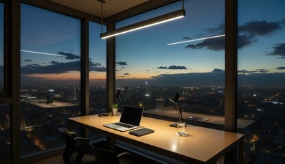 Fototapeta premium Modern Office Workspace with Cityscape View at Dusk