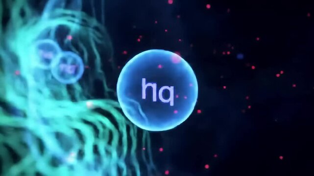 hq logo floats amidst abstract cell structures dotted with red particles against a dark backdrop