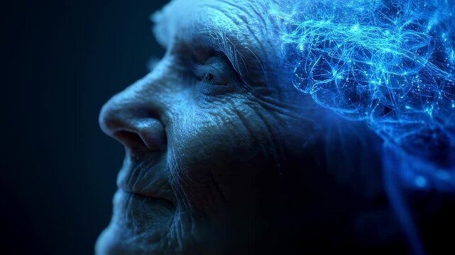 Medical visualization shows an elderly woman's profile with a superimposed glowing blue brain, symbolizing dementia and its impact on short term memory