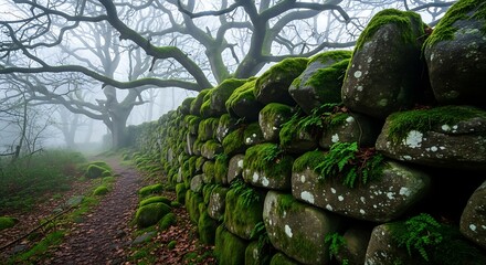 An ancient stone wall covered with green moss lines a mysterious footpath disappearing into a dense, foggy forest with gnarled, silhouetted trees, creating a moody and atmospheric landscape.
