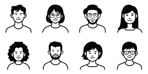 Social media avatars linear set. Men and women of different generations. Portrait of a male and female.  Flat vector collection isolated on a white background