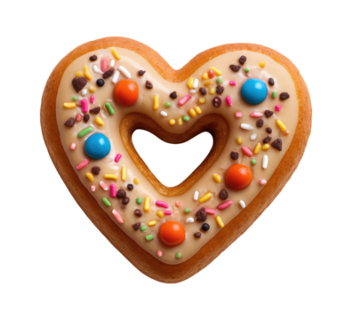 Heart-Shaped Donut Topped with Colorful Sprinkles and Candies for Sweet Celebrations, Isolated on Transparent and White Background - Powered by Adobe