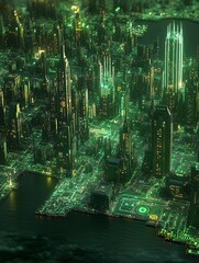 Obraz premium A futuristic cityscape at night, glowing green, viewed from an aerial perspective, showing intricate details of buildings and infrastructure.
