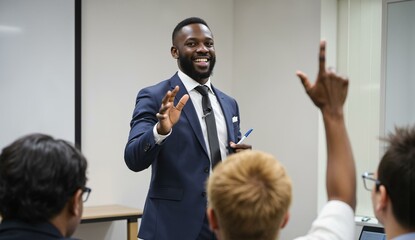 A man in a suit leads a discussion with an engaged audience in a classroom setting.
